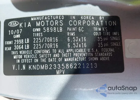 2008 Kia Sedona Lx z USA, uszkodzony, nr VIN KNDMB233586221213